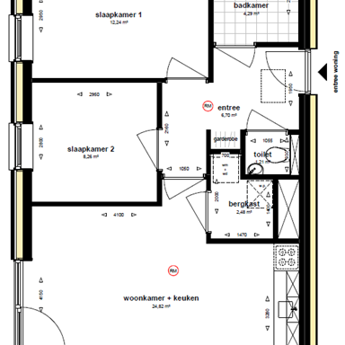 Plattegrond appartement met 2 slaapkamers, woonkamer + keuken en badkamer